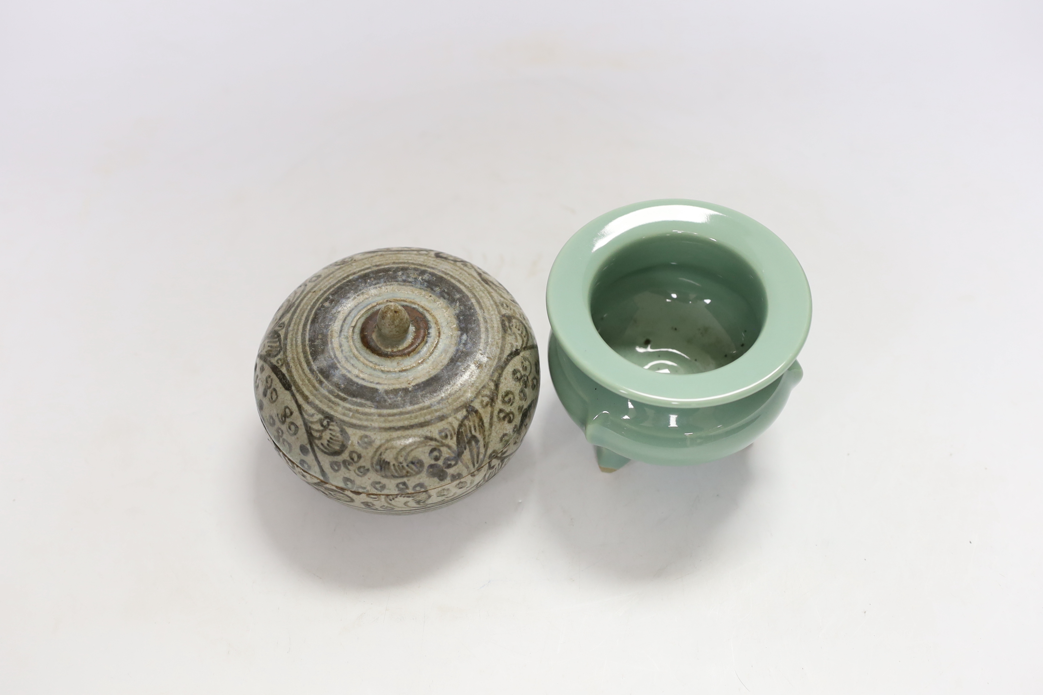 A Chinese celadon tripod censer and a Thai? Box and cover